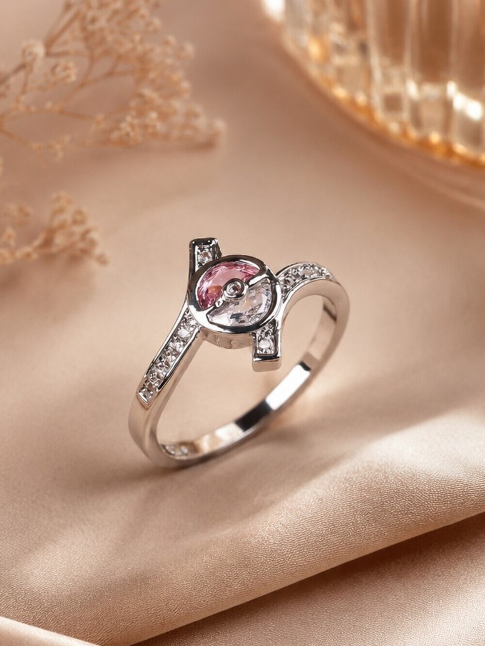 Pokemon Pokeball Crystal Ring Silver Tone Anime Jewelry Size 8